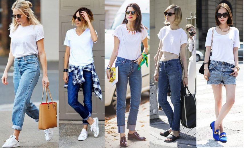 Белая футболка и синие джинсы